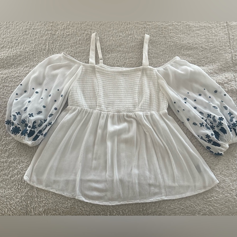 Torrid Embroidered Smocked Off the Shoulder Top White and Blue